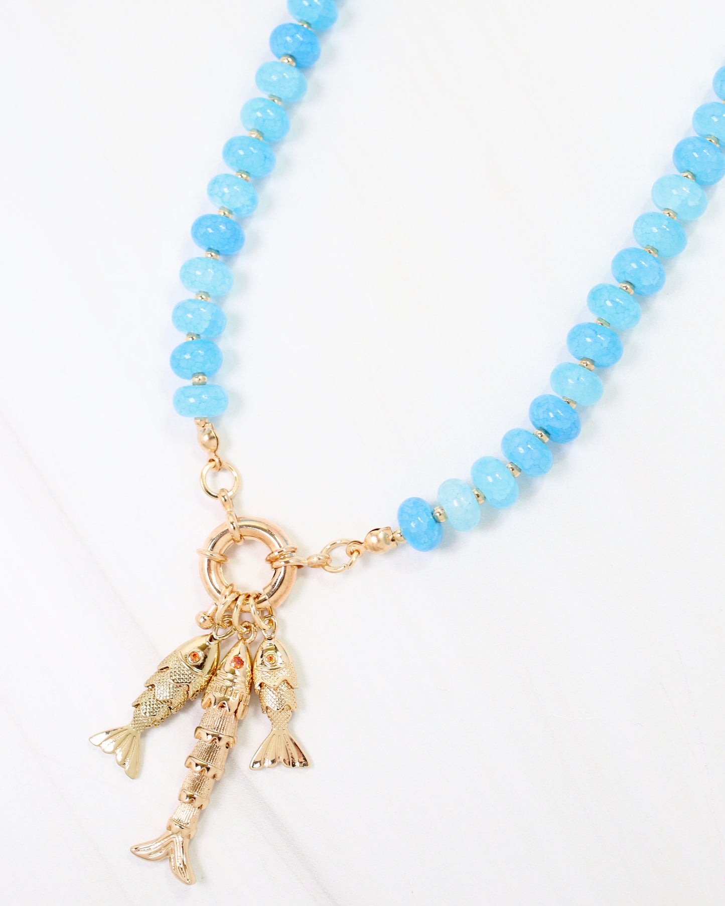 Saranac Marble Bead Fish Charm Necklace Blue