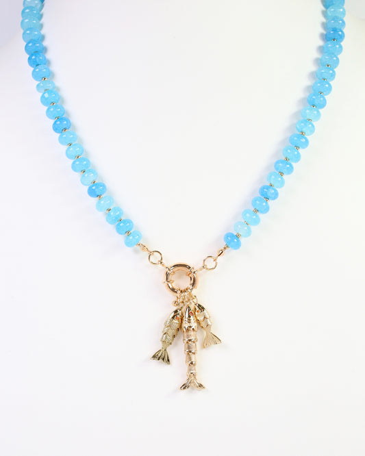 Saranac Marble Bead Fish Charm Necklace Blue