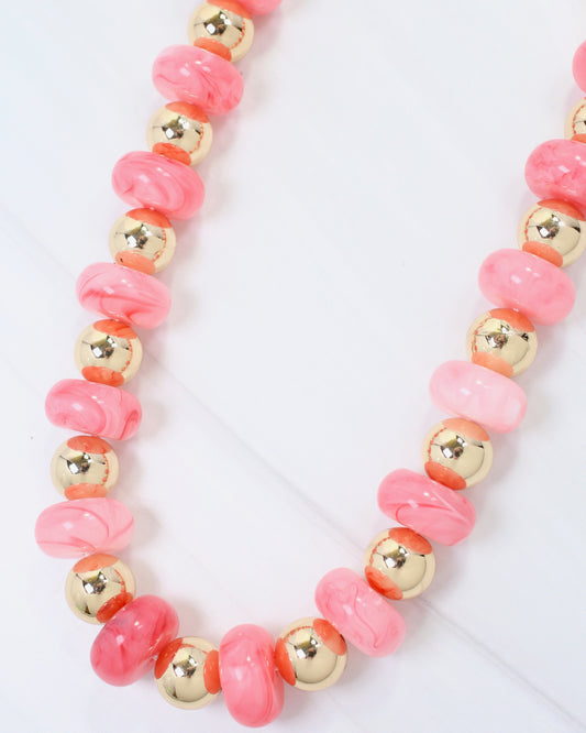 Staten Island Marble and Gold Beaded Necklace Pink
