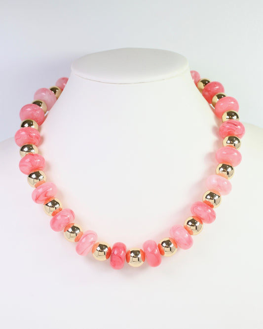 Staten Island Marble and Gold Beaded Necklace Pink
