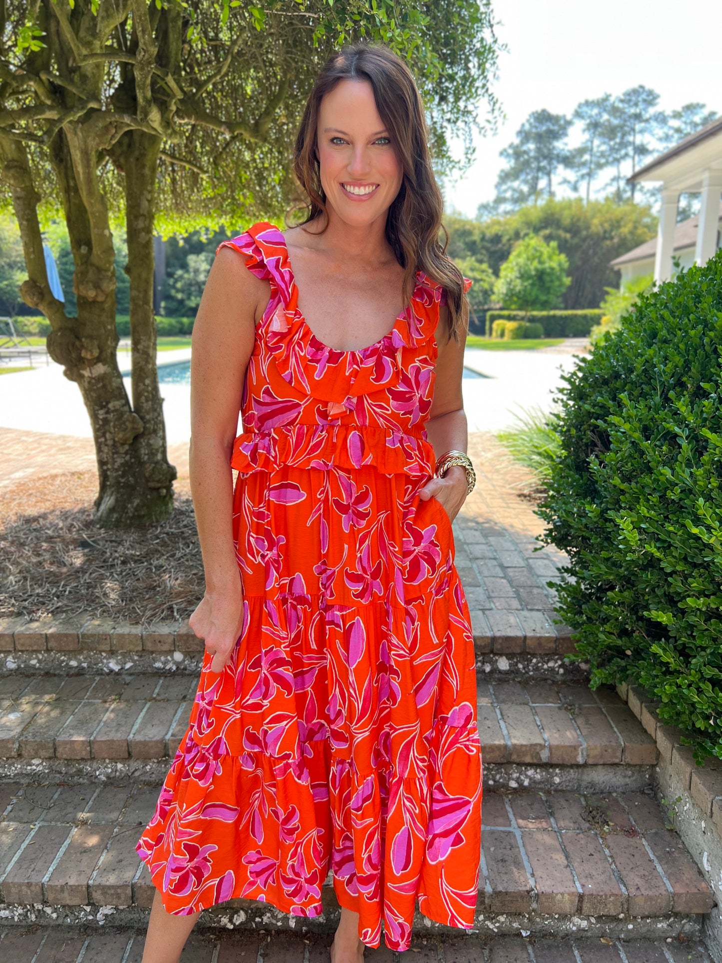 Deigie Orange Ruffle Shoulder Midi Dress