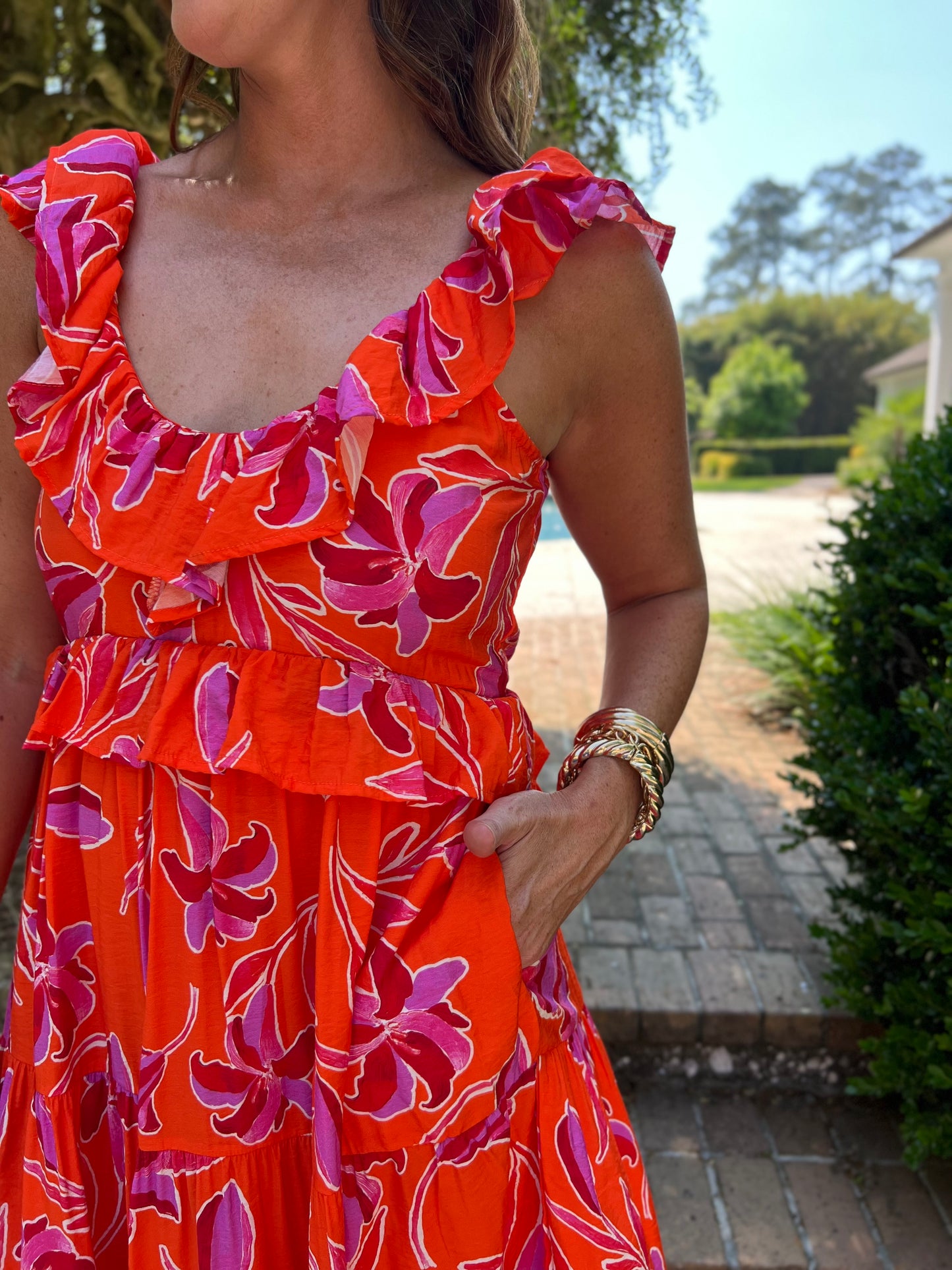 Deigie Orange Ruffle Shoulder Midi Dress