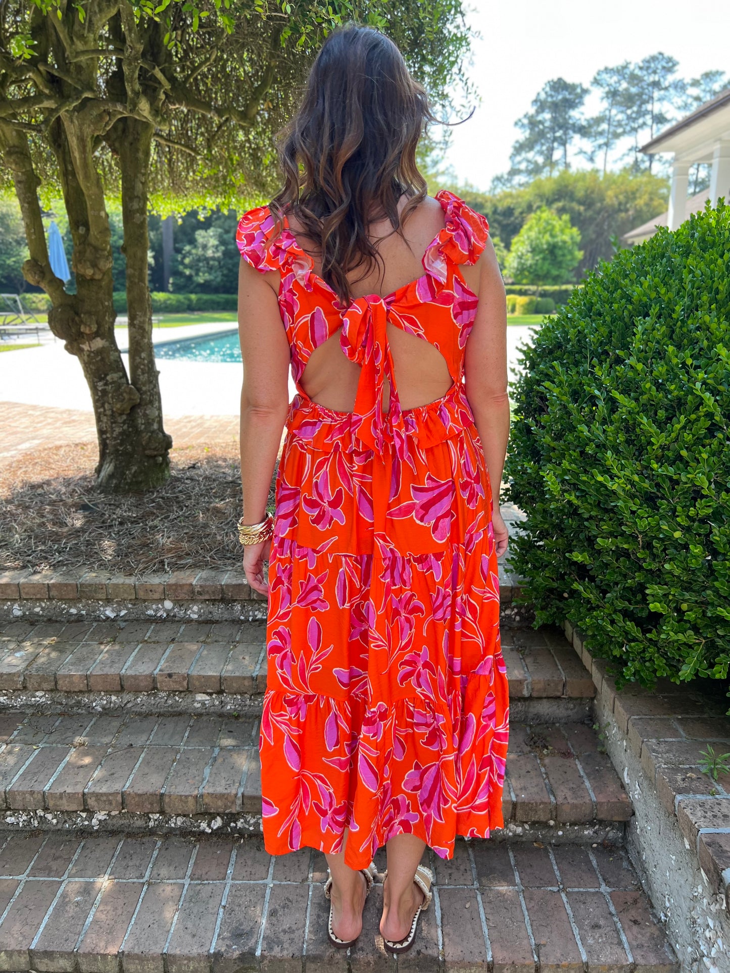 Deigie Orange Ruffle Shoulder Midi Dress