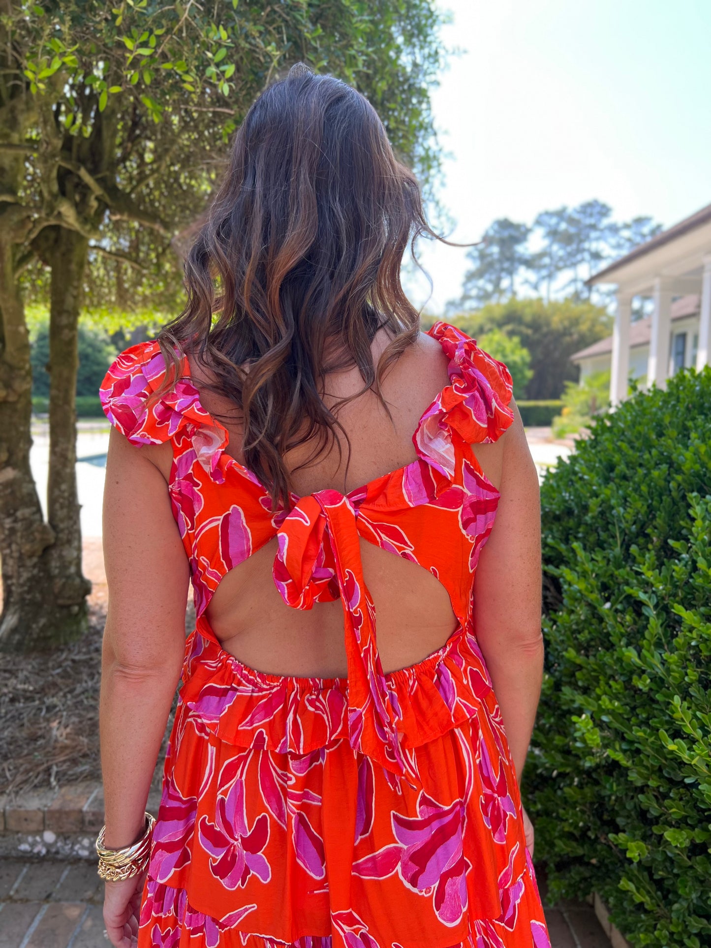 Deigie Orange Ruffle Shoulder Midi Dress