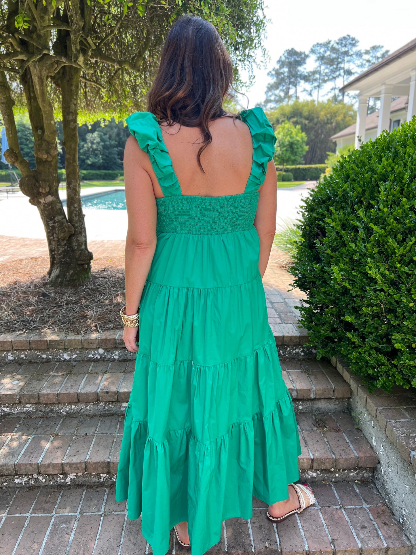 Breva Poplin Kelly Green Shirred Maxi Dress