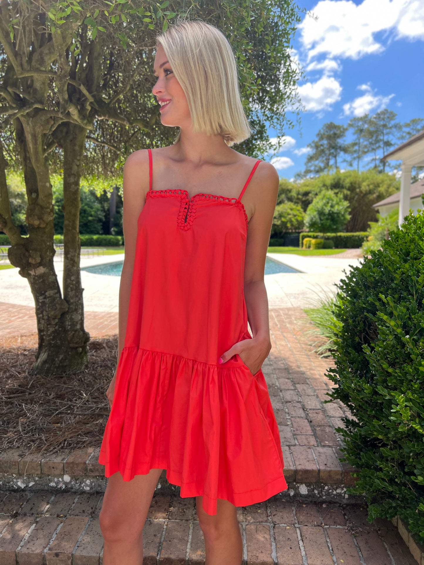Vala Coral Red Sleeveless Mini Dress