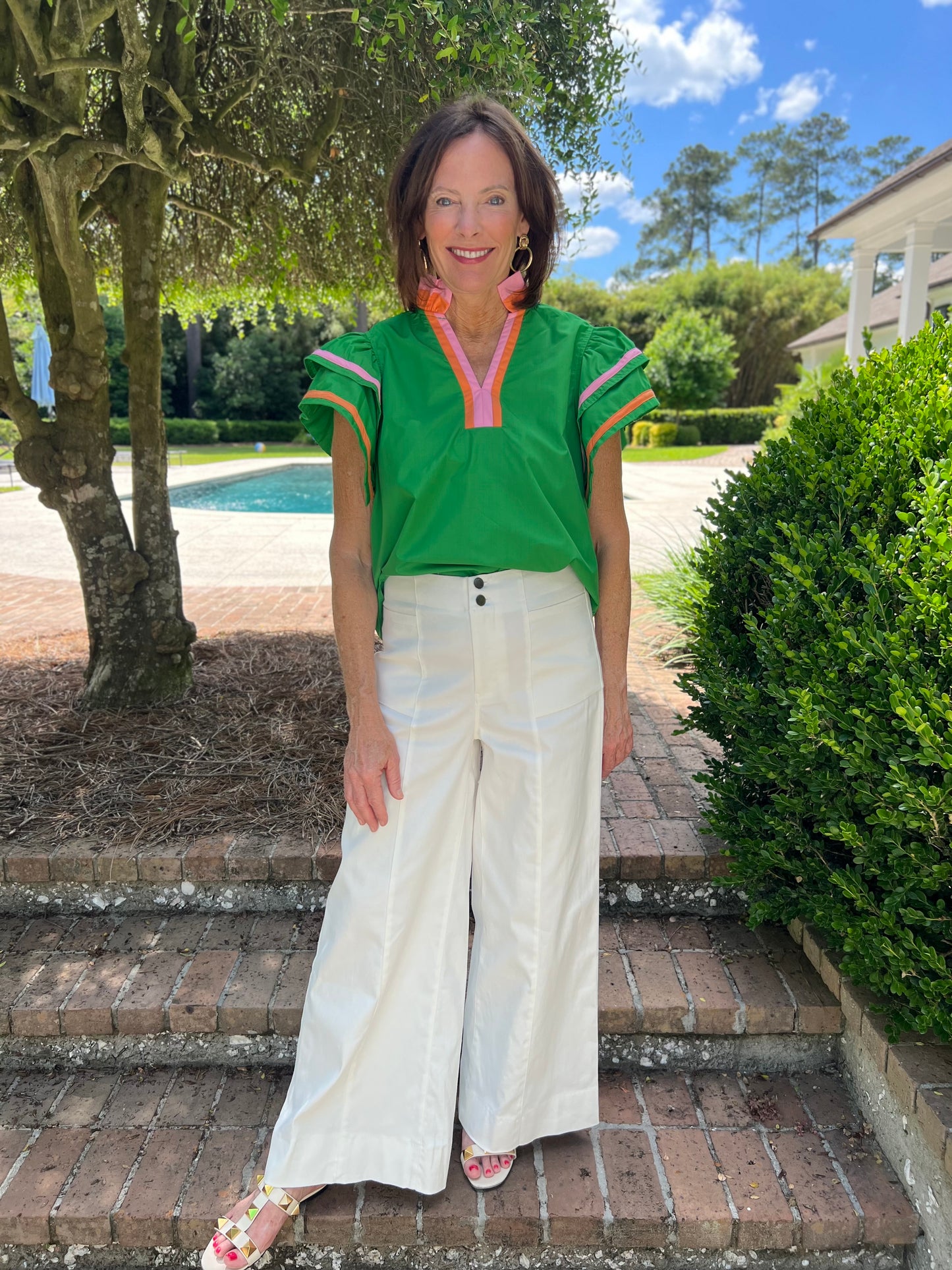 Talbot Ruffled Sleeve Top- Green