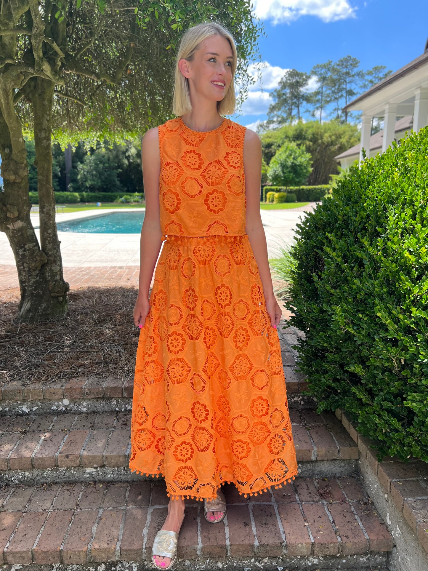 Orange Resort Embroidered Maxi Skirt Set