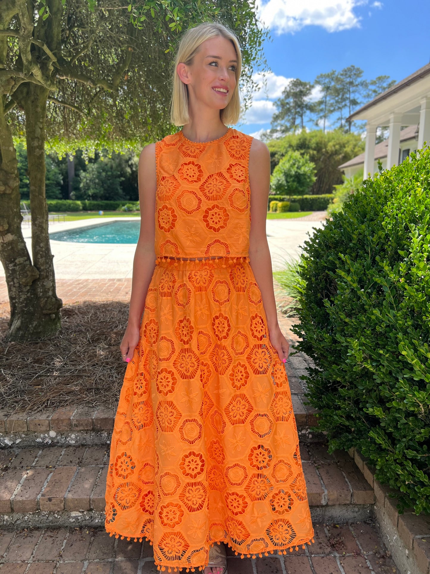 Orange Resort Embroidered Maxi Skirt Set