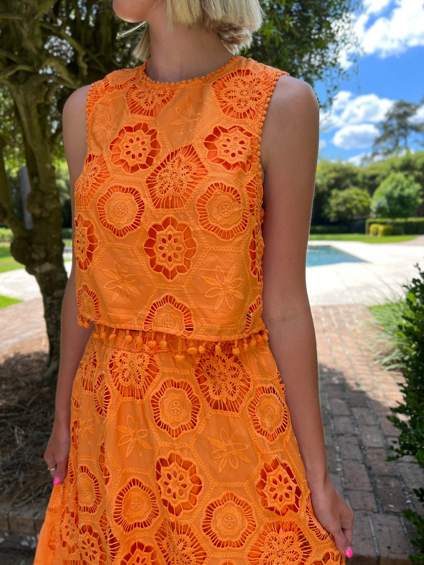 Orange Resort Embroidered Maxi Skirt Set