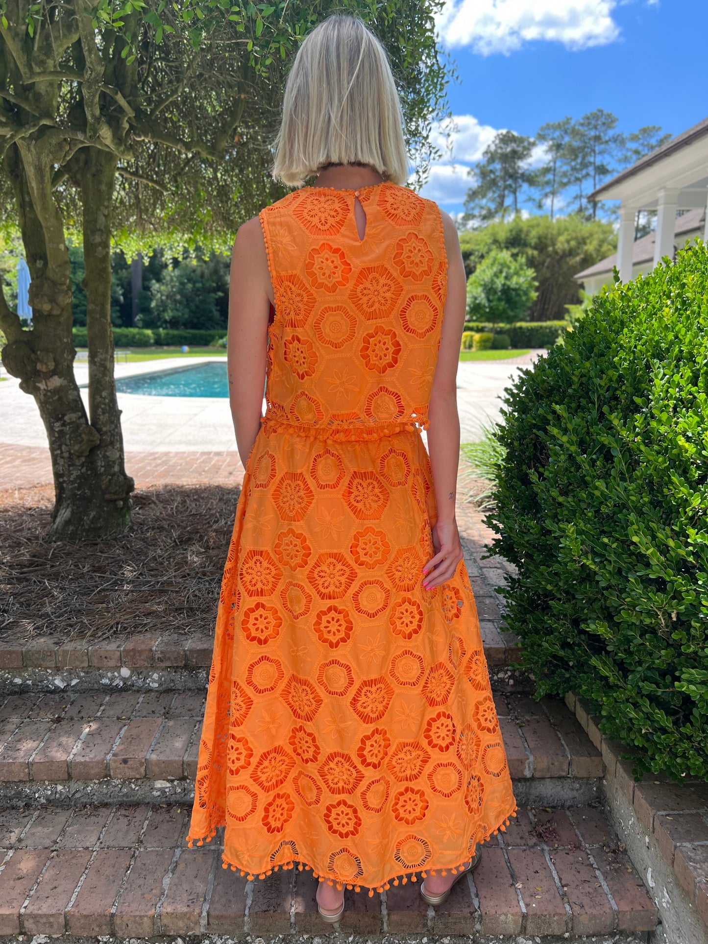 Orange Resort Embroidered Maxi Skirt Set