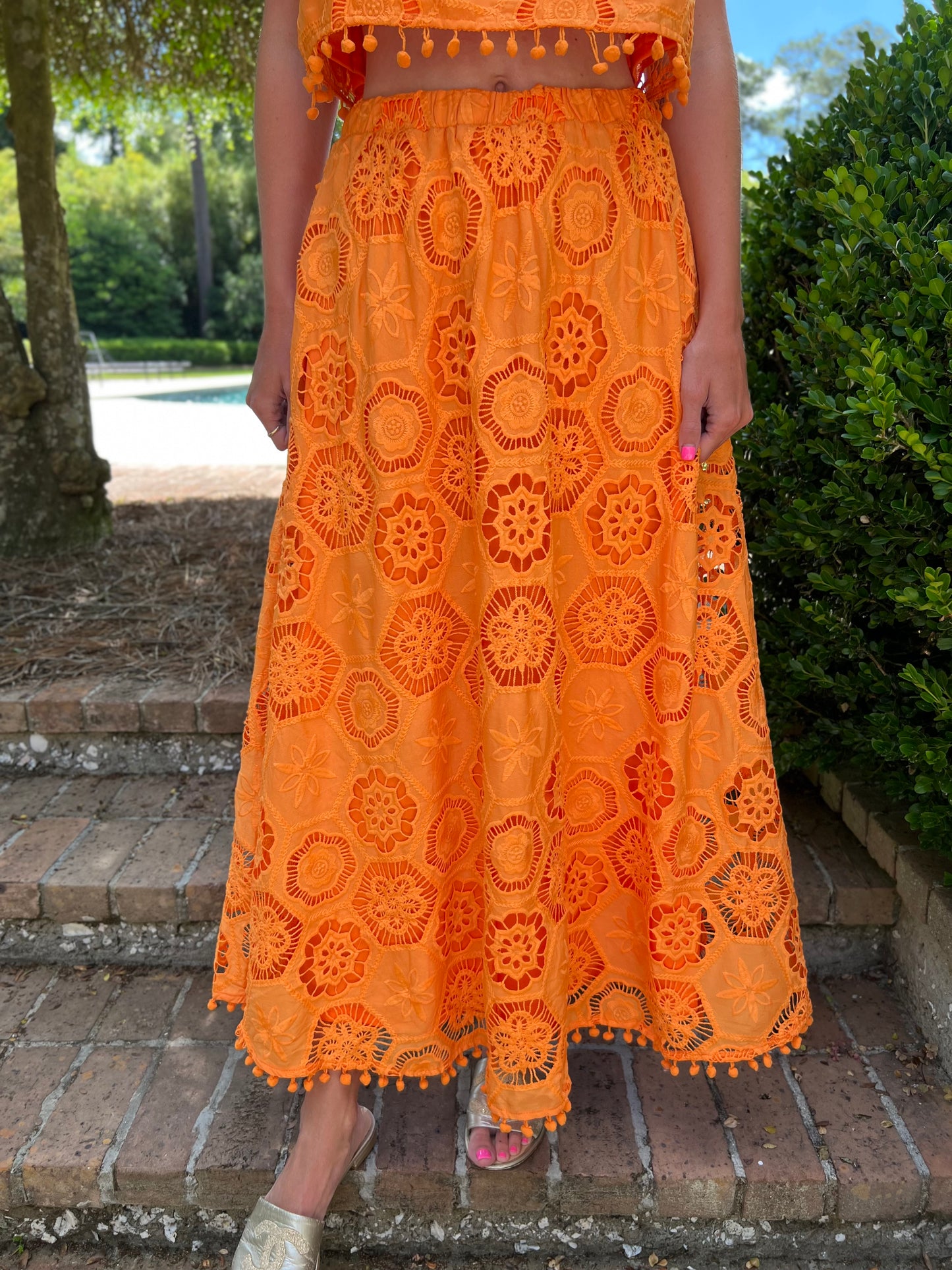 Orange Resort Embroidered Maxi Skirt Set