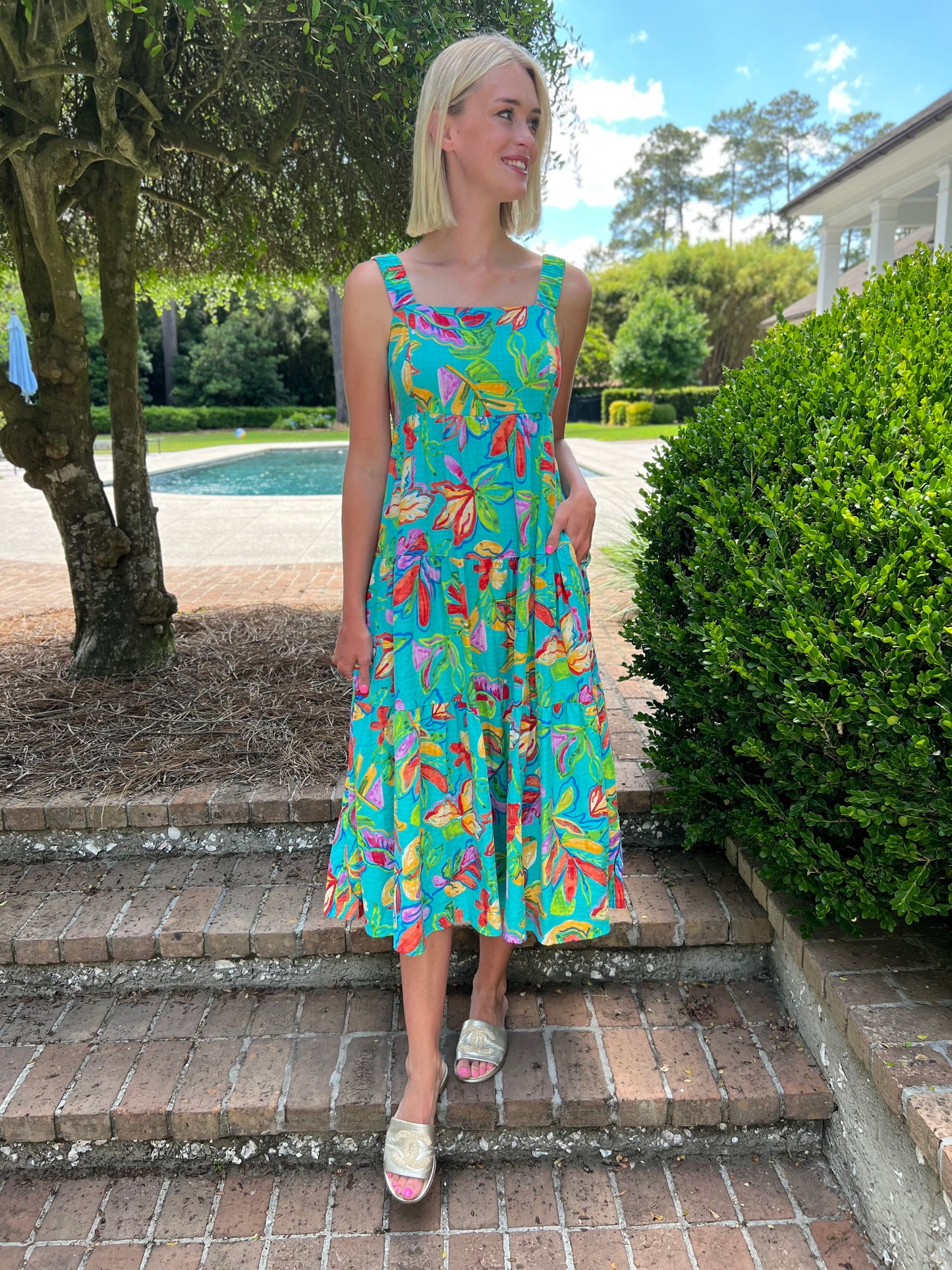 Raven Aqua Blue Tropical Printed Maxi Dress