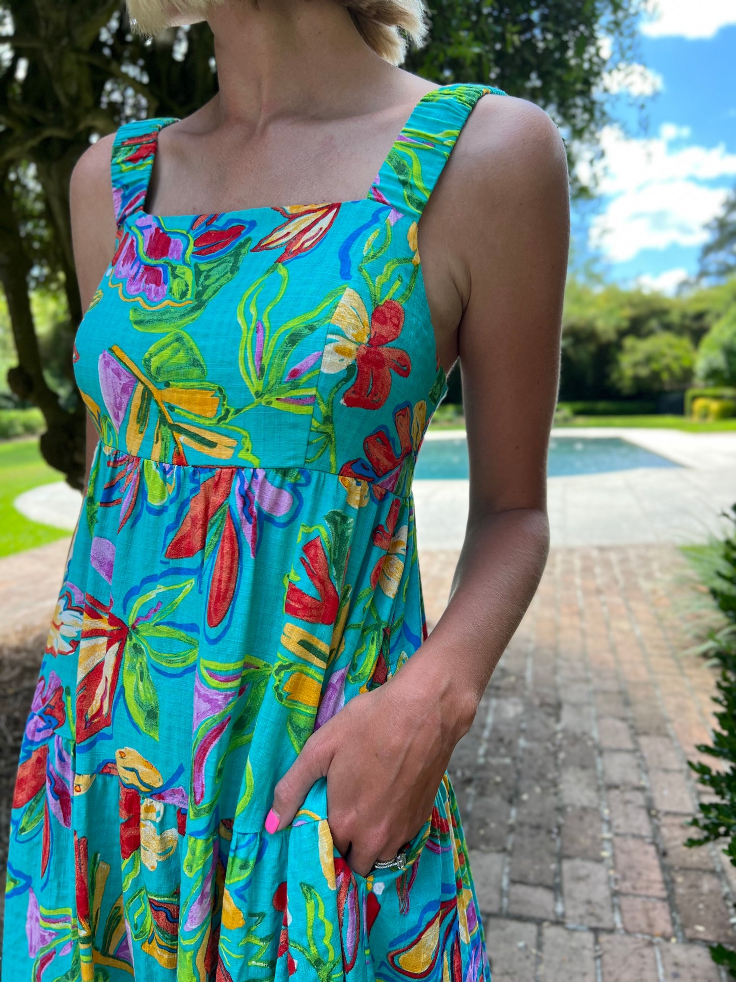 Raven Aqua Blue Tropical Printed Maxi Dress