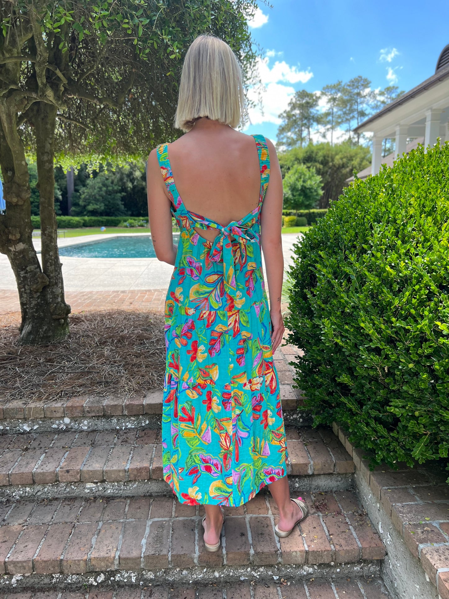 Raven Aqua Blue Tropical Printed Maxi Dress