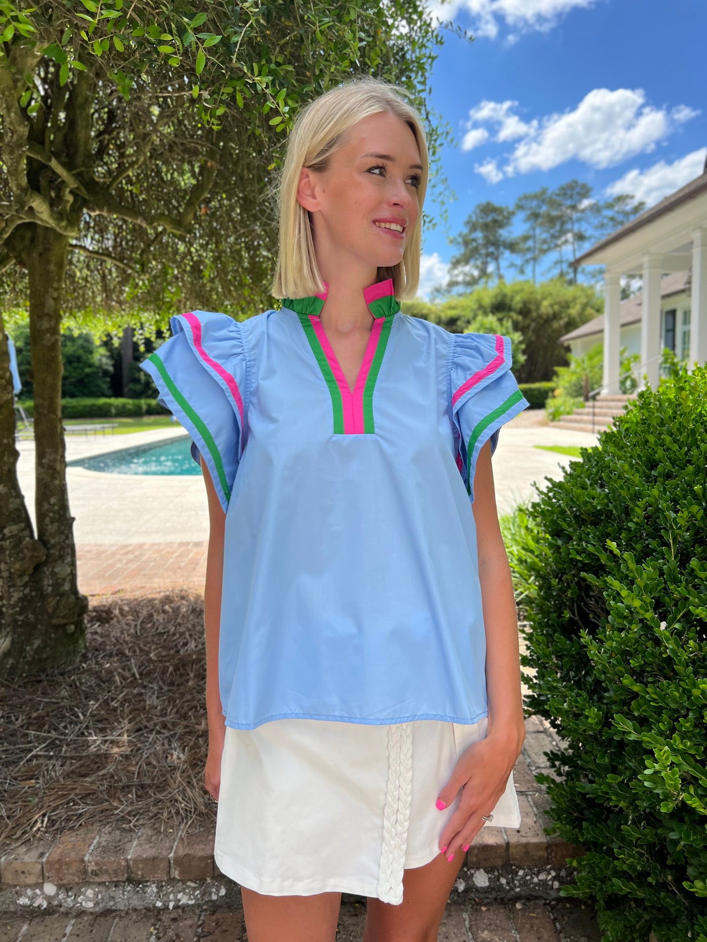 Talbot Ruffled Sleeve Top- Blue