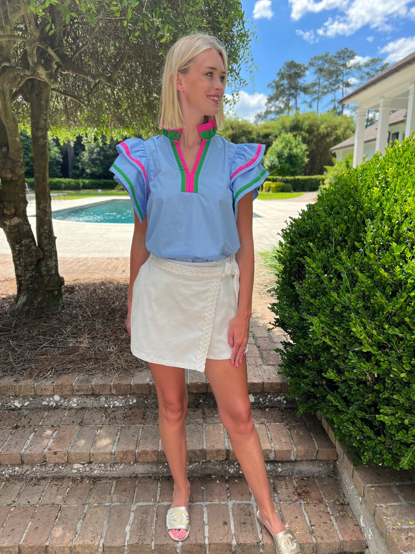 Talbot Ruffled Sleeve Top- Blue