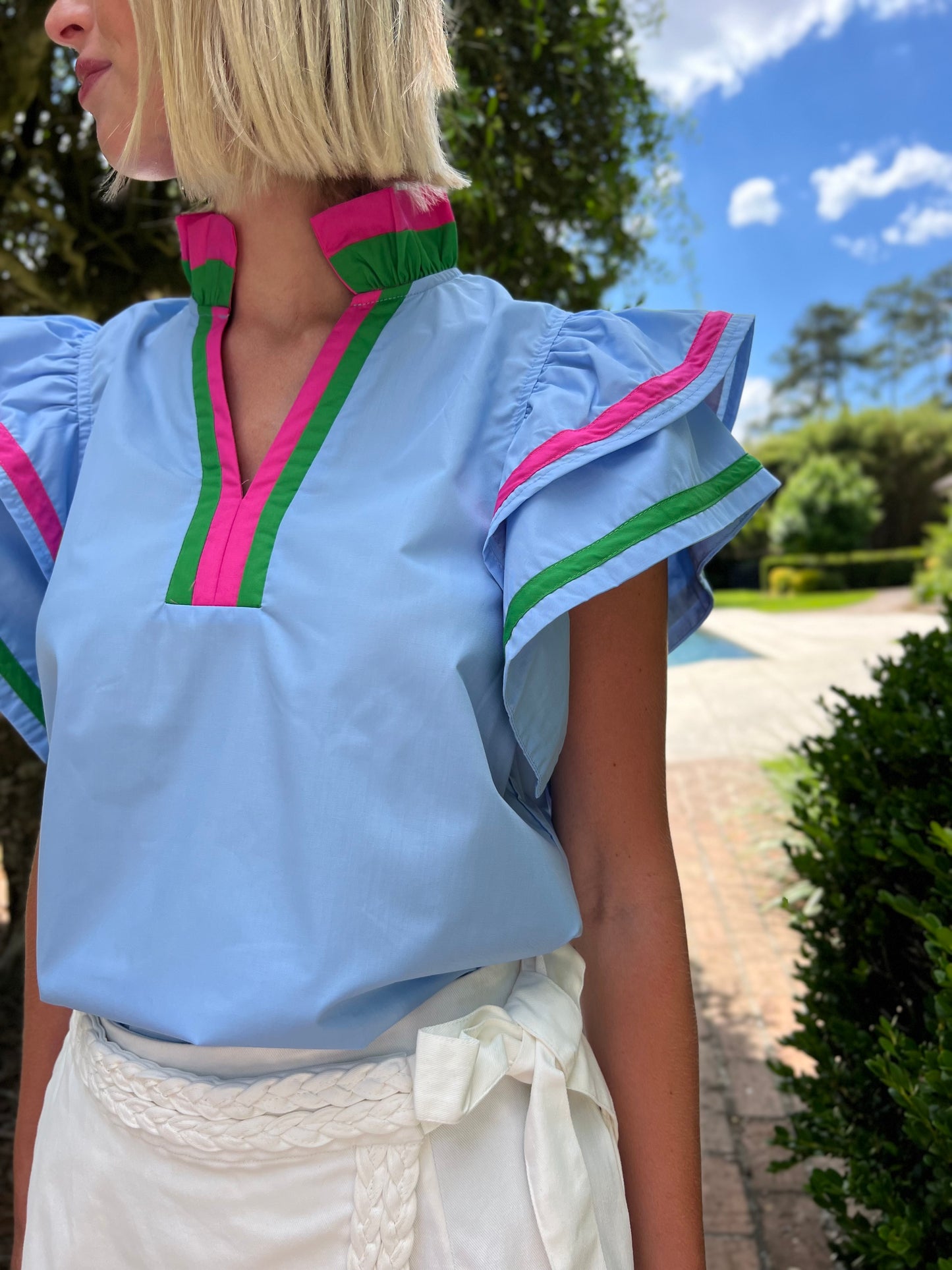 Talbot Ruffled Sleeve Top- Blue