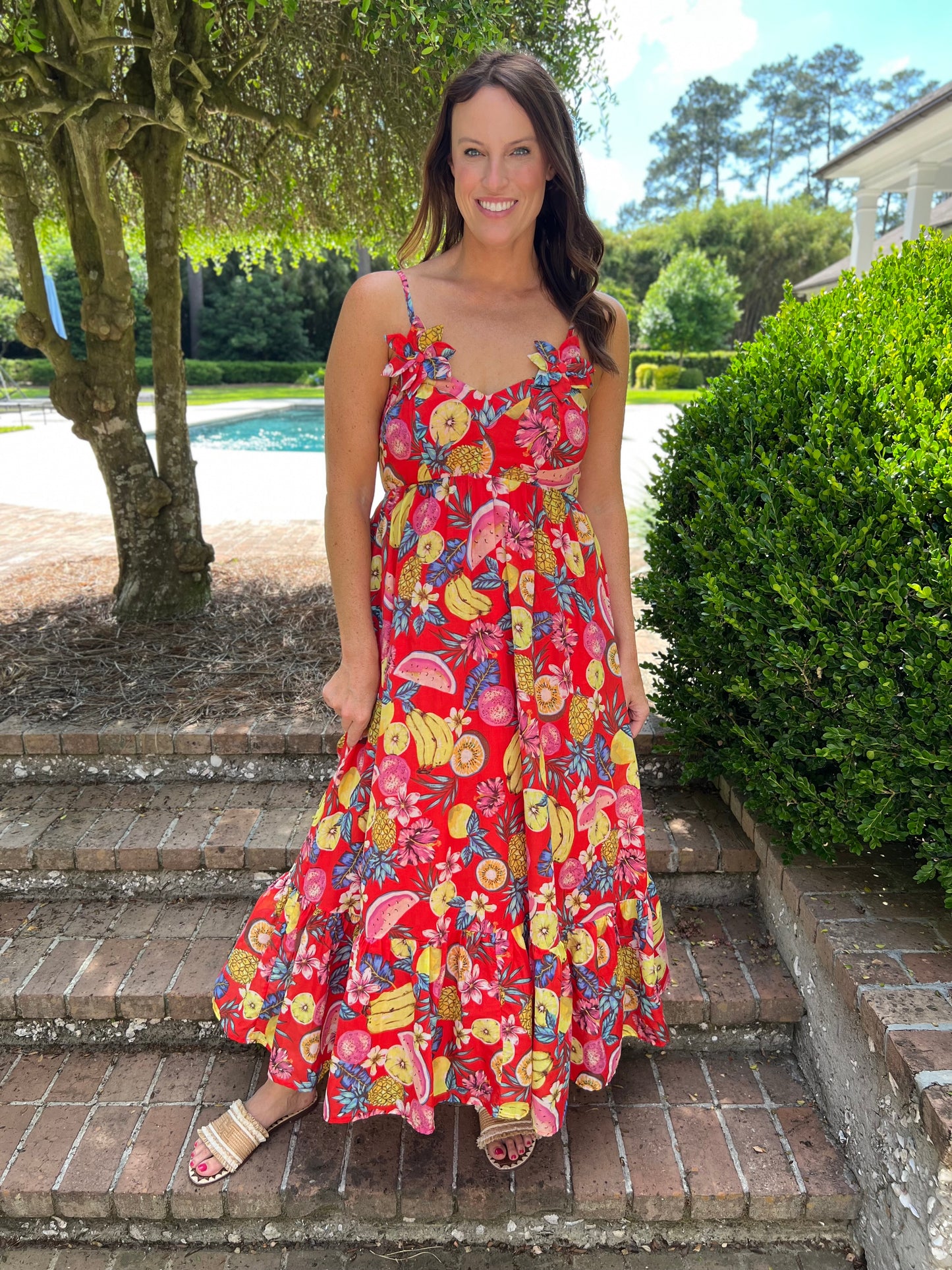 Cozumel Cotton Voile Floral Trimmed Maxi Dress