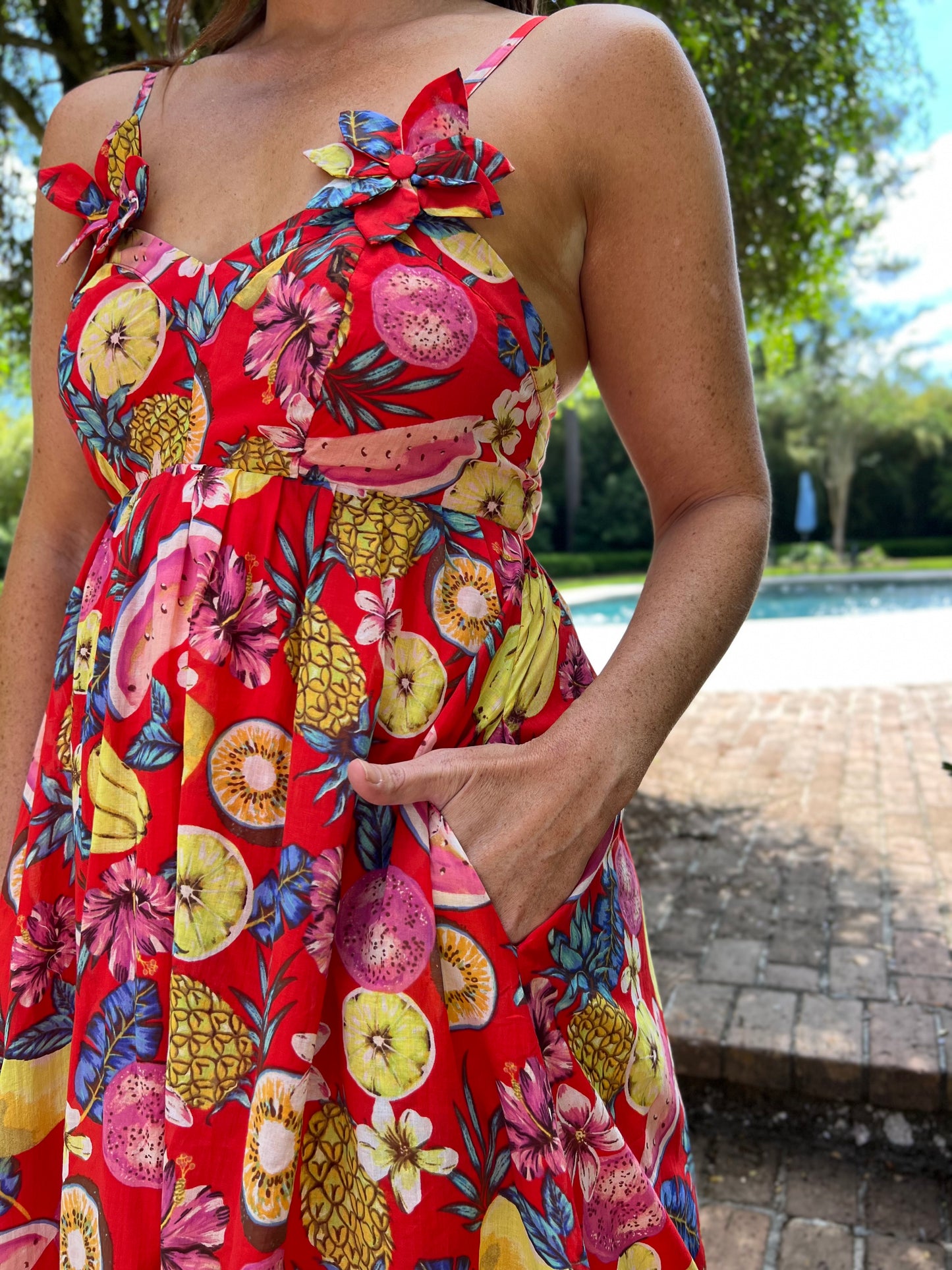 Cozumel Cotton Voile Floral Trimmed Maxi Dress