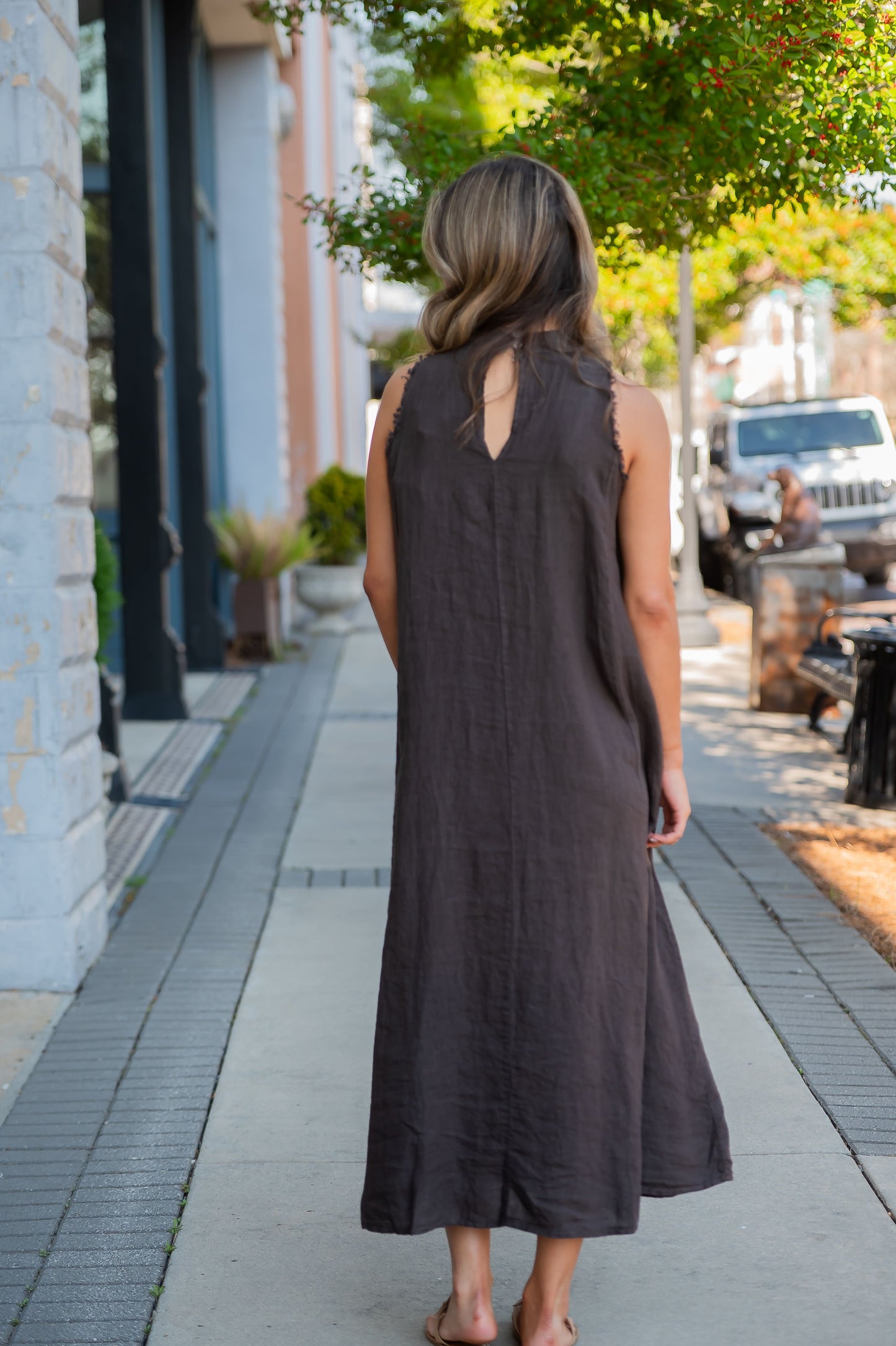 Madrid Mock Neck Linen Dress - Chocolate