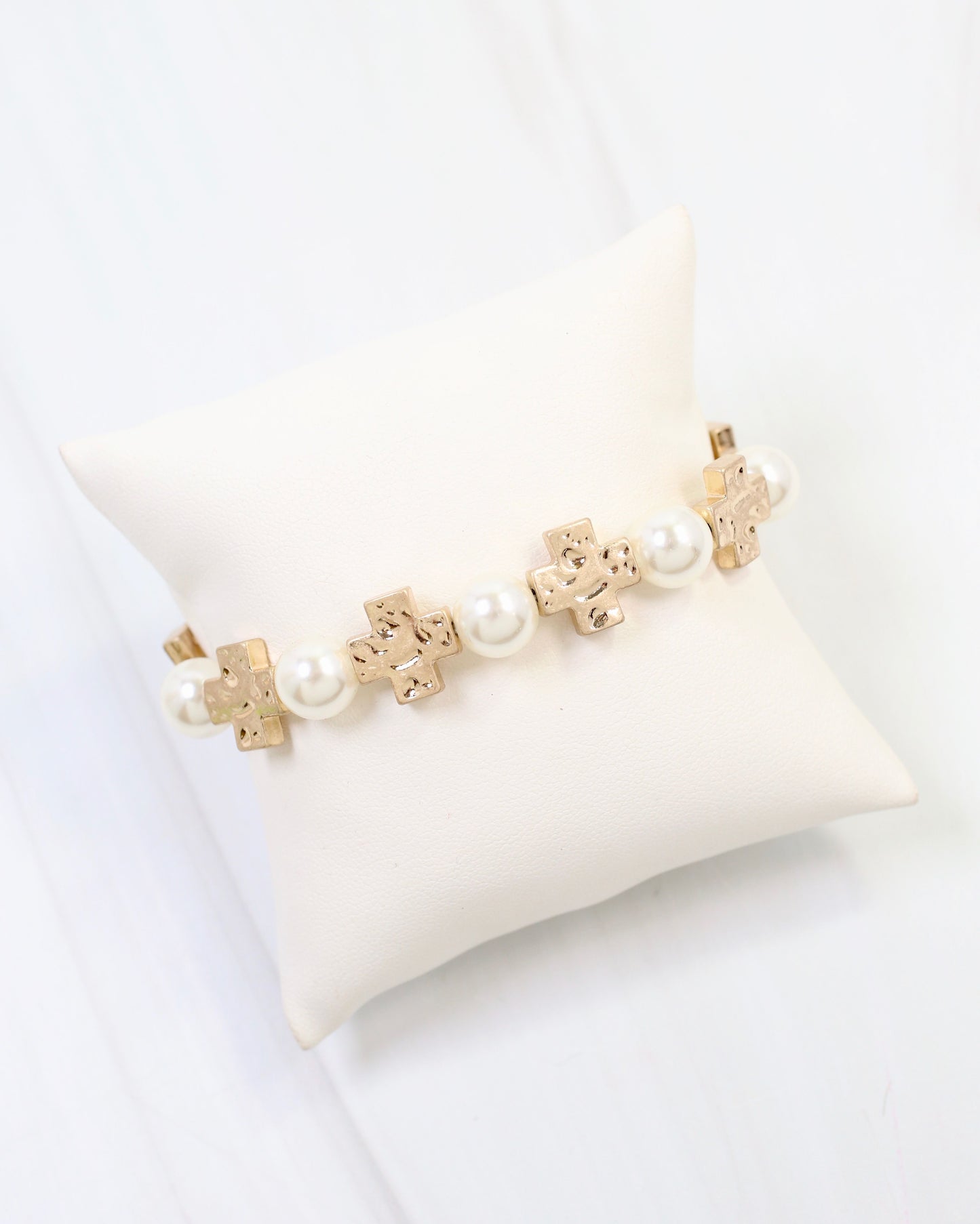 Lansing Pearl and Cross Stretch Bracelet Worn Gold