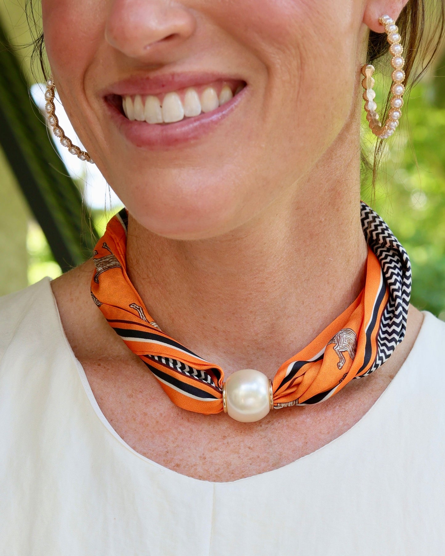 Two Strand Magnetic Pearl Scarf Necklace Orange