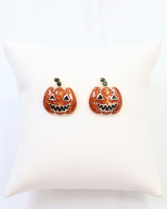 Grim Glittery Jack o Lantern Earring Orange