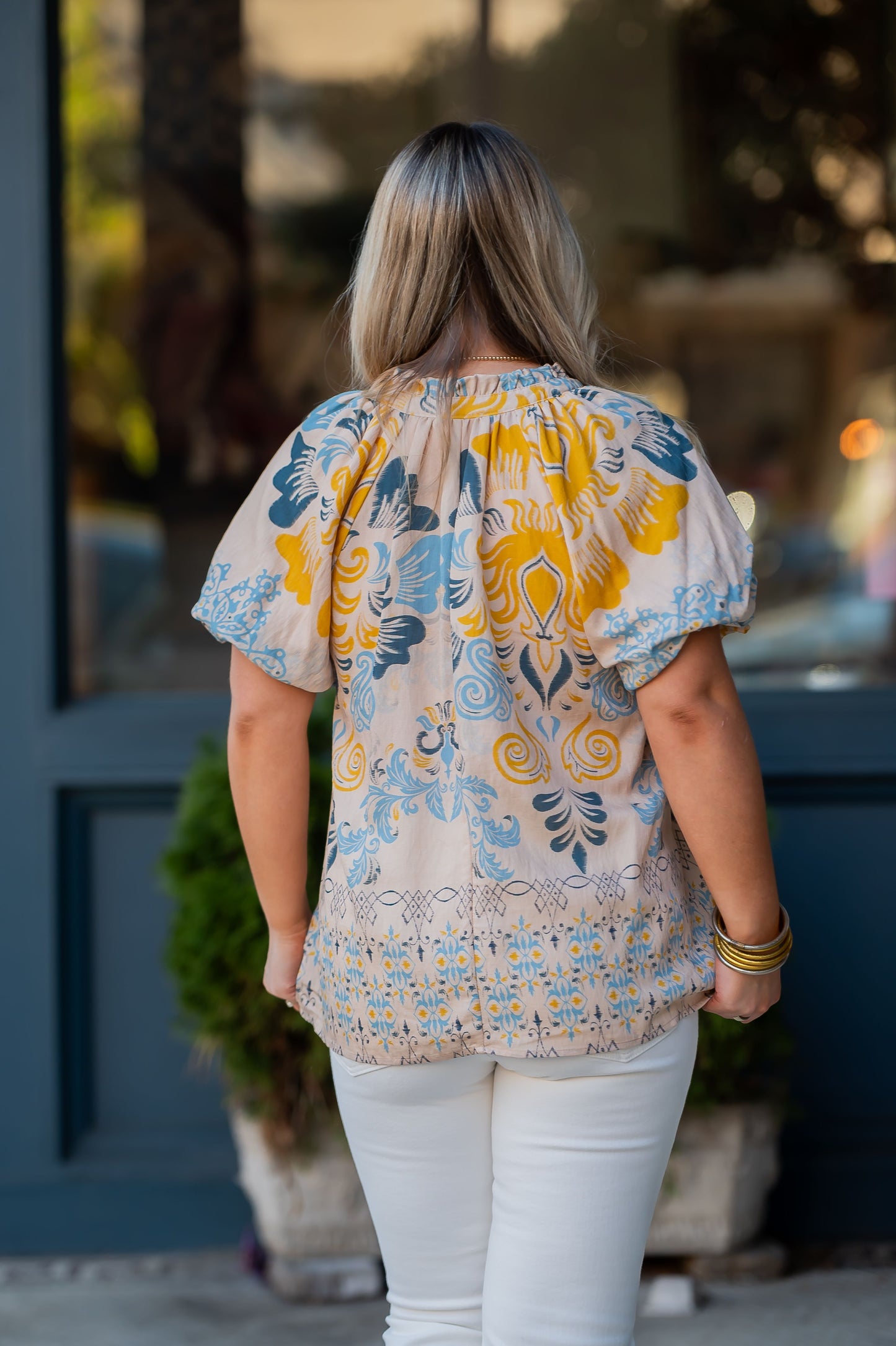 Bebe Border Print Puff Sleeve V-Neck Blouse