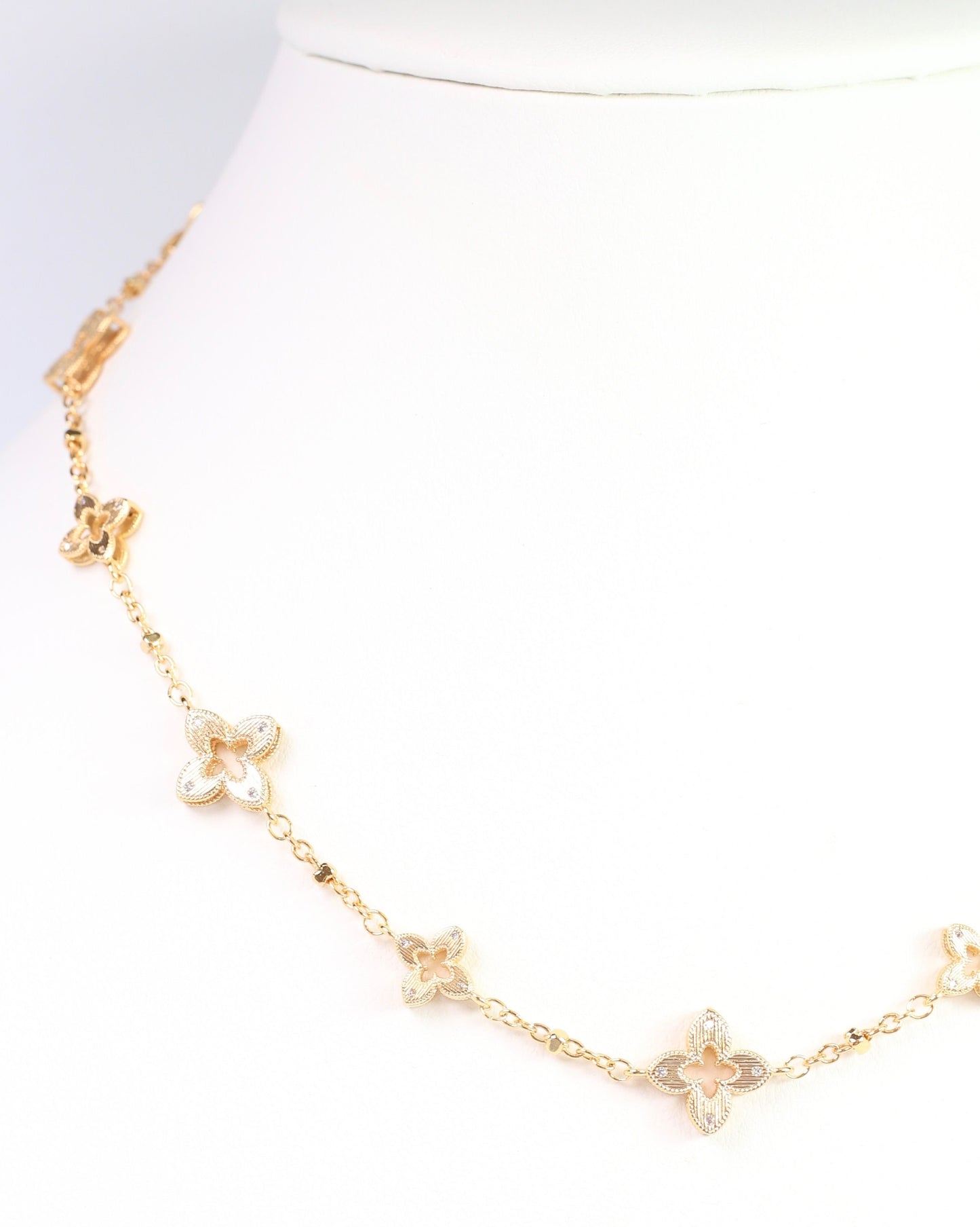 Elaina Open Textured Clover Necklace Worn Gold