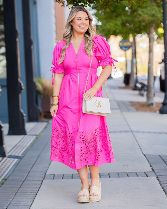 Phoenix Solid Short Puff Sleeve Midi Dress