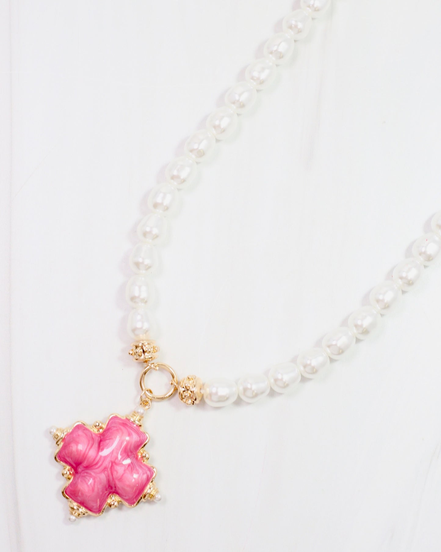 Edie Enamel Cross and Pearl Necklace Pink