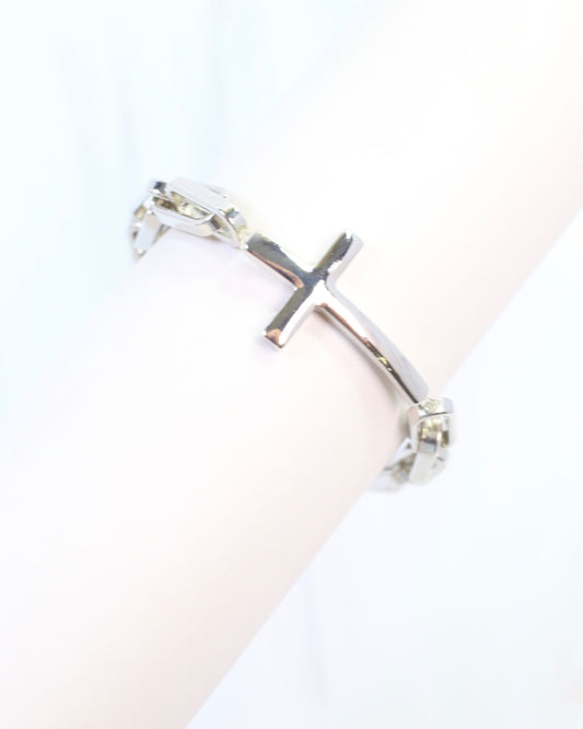 Amelia Link and Large Cross Stretch Bracelet Silver