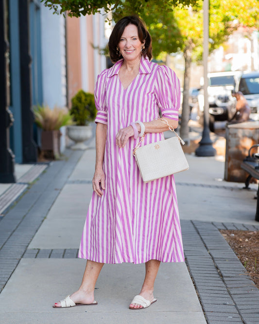 Genesis Striped V-Neck Midi Dress