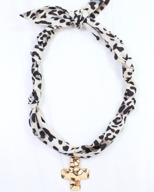 Elmhurst Cross Charm Scarf Necklace Taupe Leopard