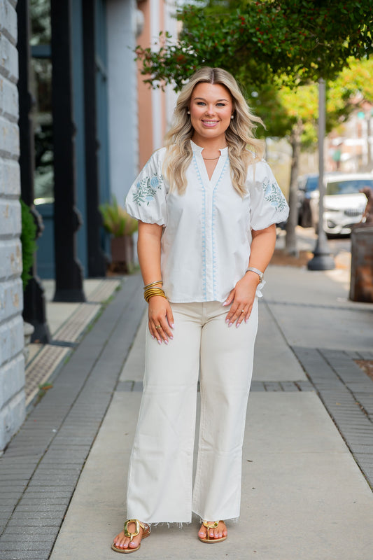 Camden Embroidery Detail Woven Solid Top