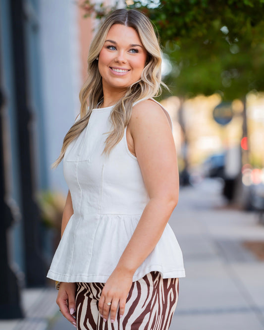 Gianna Solid Sleeveless Peplum Top-Off White