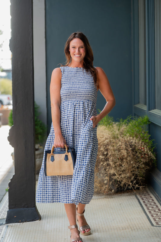 Lois Sleeveless Gingham Print Dress-Navy
