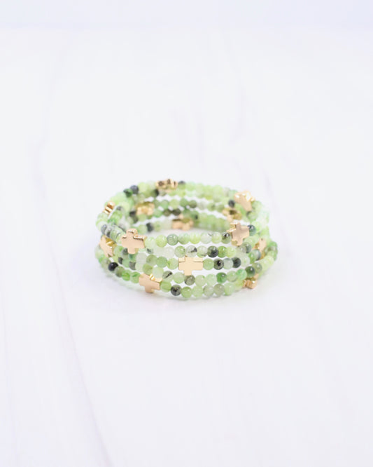 Flint Beaded Cross Stretch Bracelet Set Green