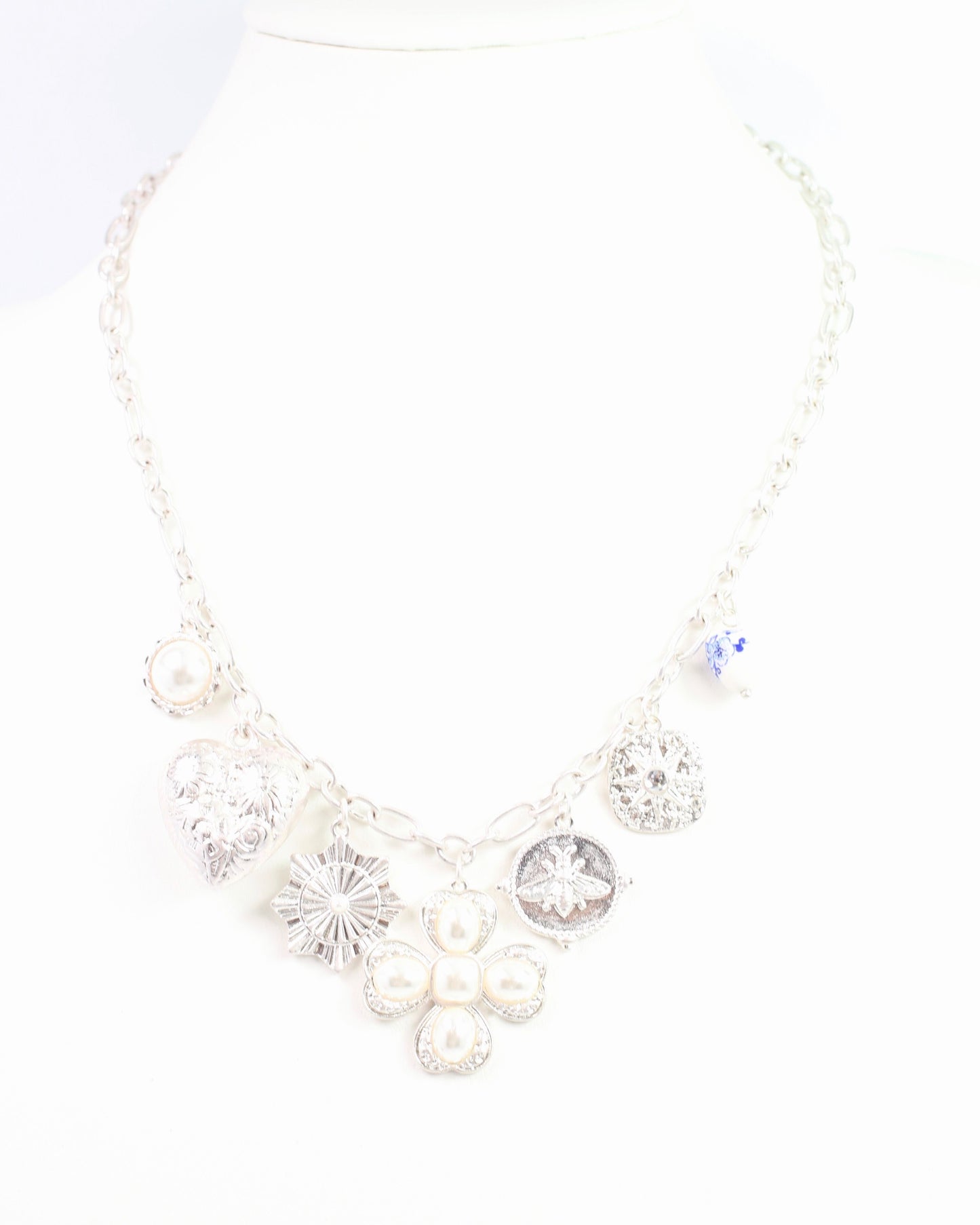 Verona Pearl Charm Necklace Worn Silver