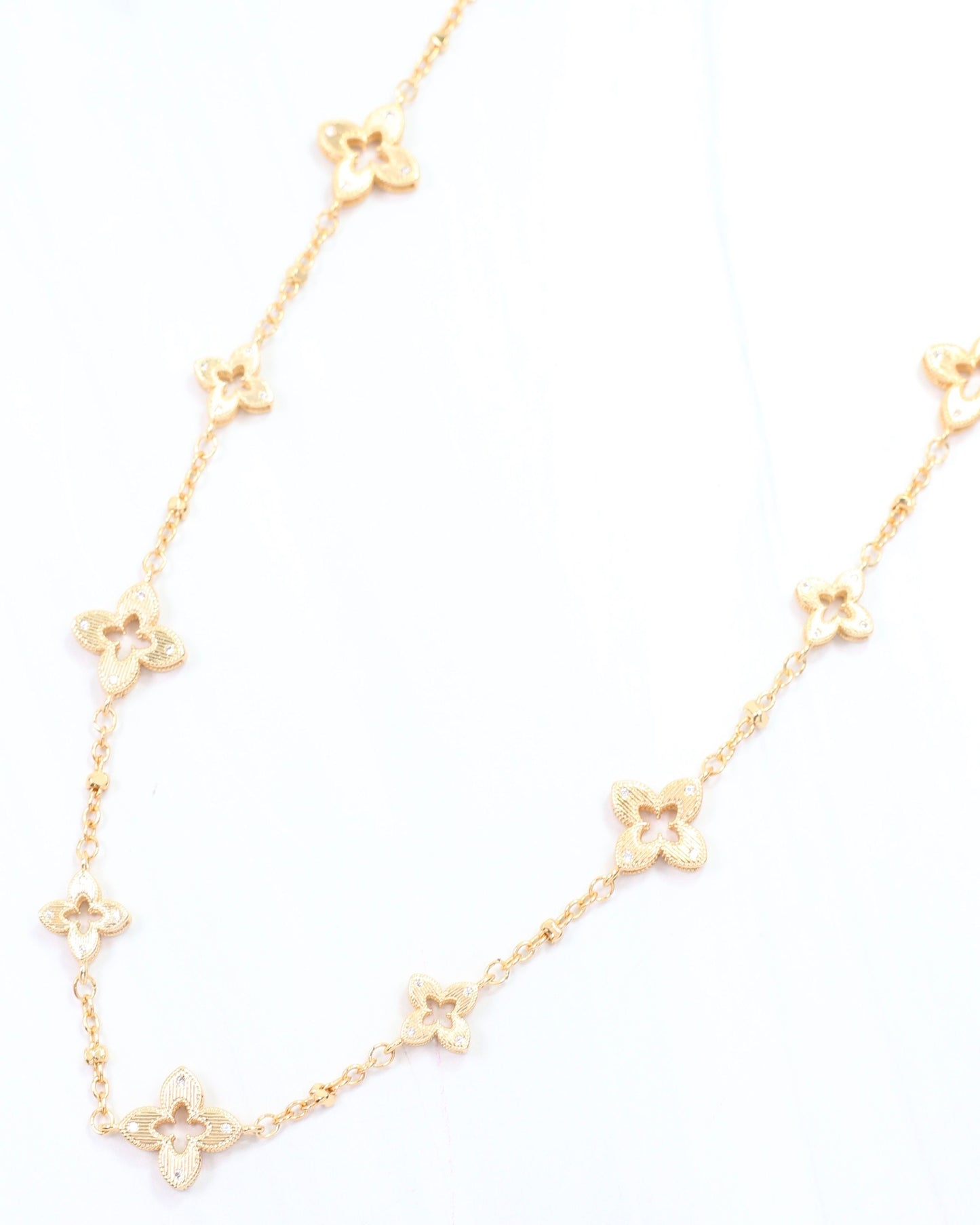 Elaina Open Textured Clover Necklace Worn Gold