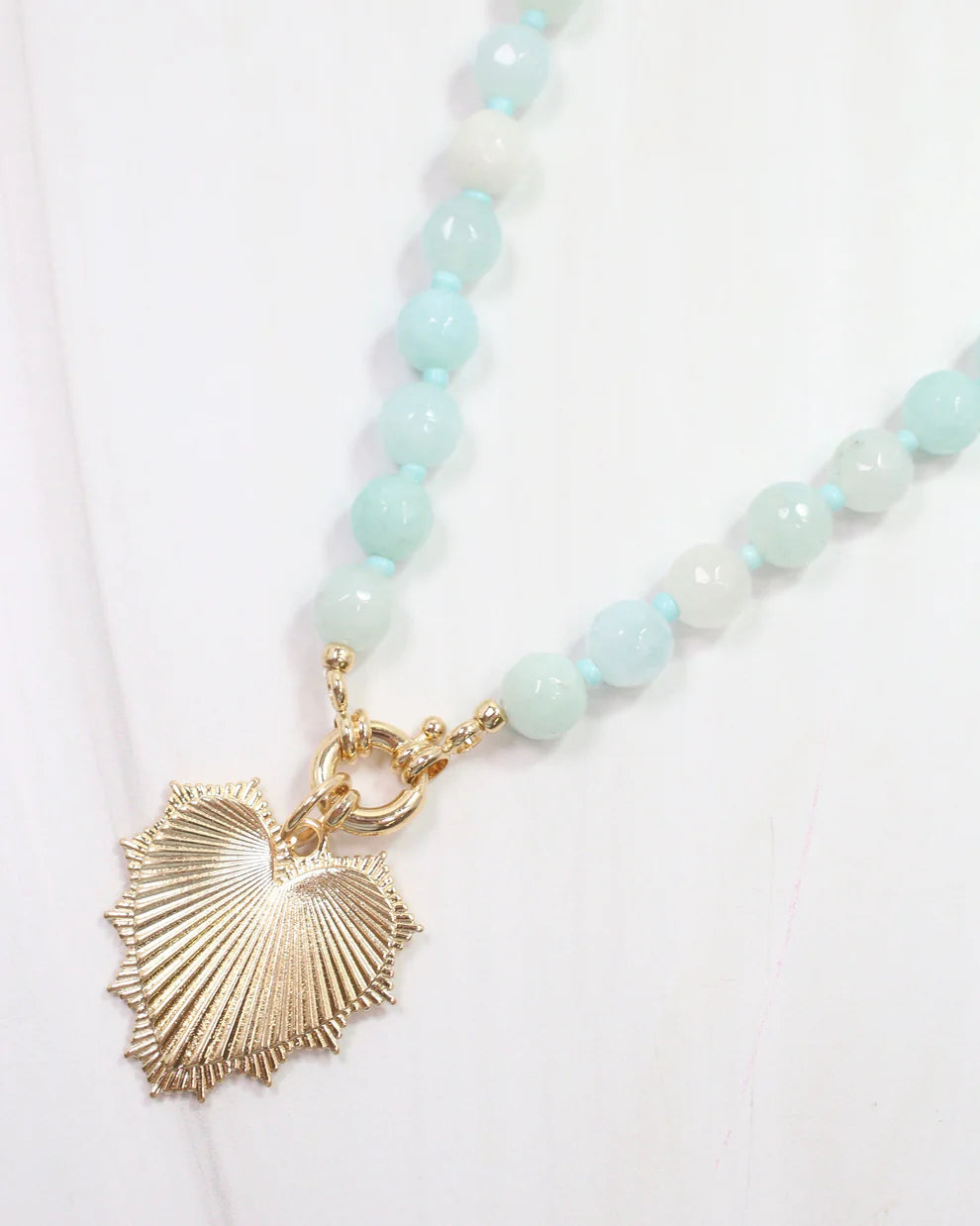 Aqua Stone and Heart Charm Necklace Gold