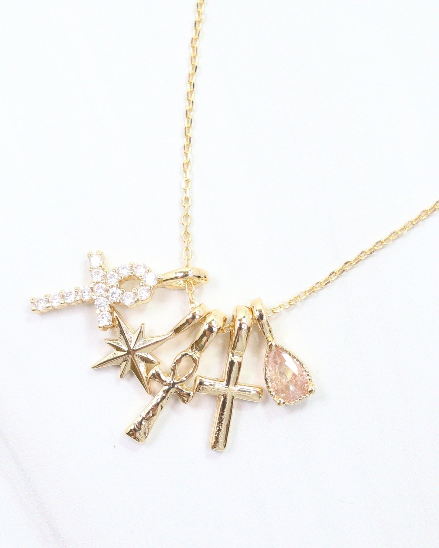 Ankh and Cross Charm Necklace Set Gold