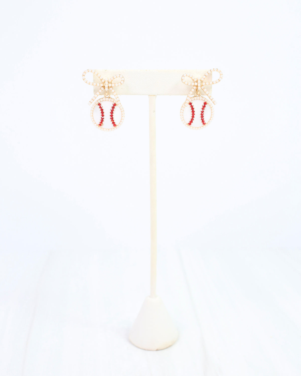 Homerun Pearl Bow Ball Earring Red White