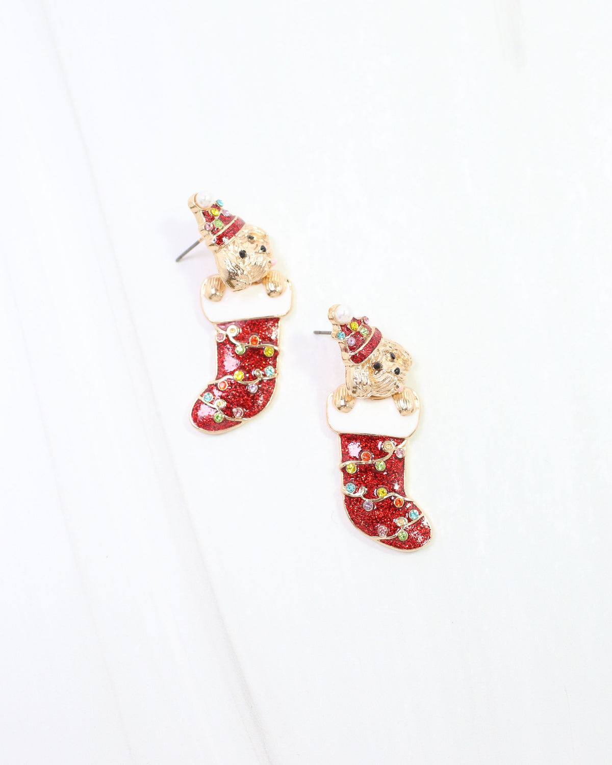 Stocking Stuffer Puppy Drop Earring Red