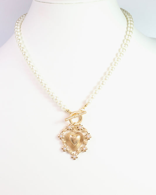 Cason Pearl and Heart Pendant Worn Gold