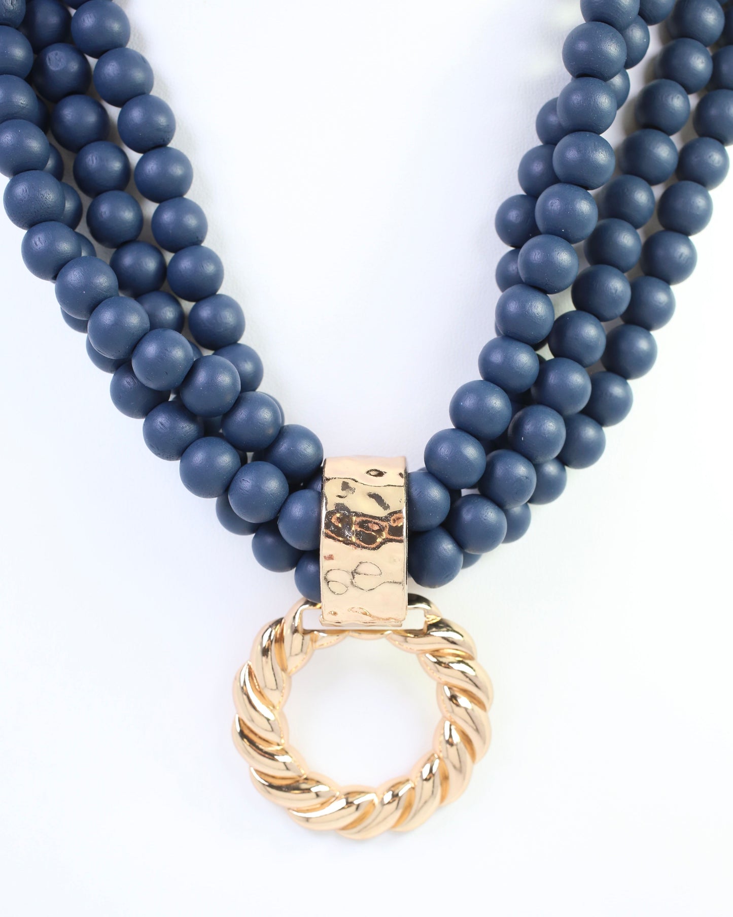 Margaux Wooden Bead Layered Necklace with Pendant Navy