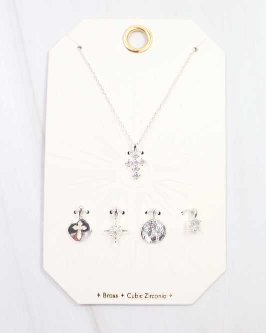 Cross and Coin Charm Necklace Set Silver