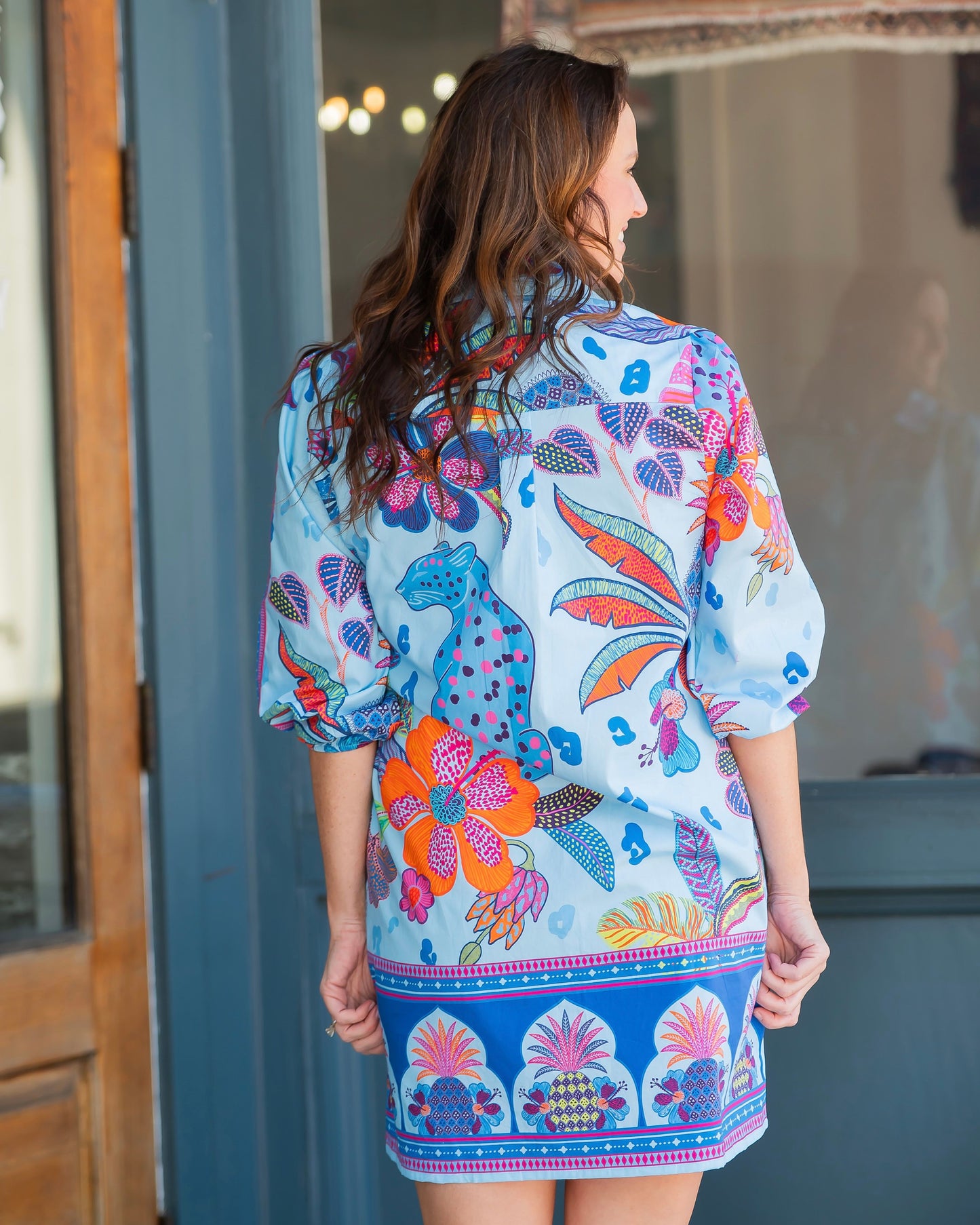 Ava Tropical Safari Print Bubble Sleeve Dress