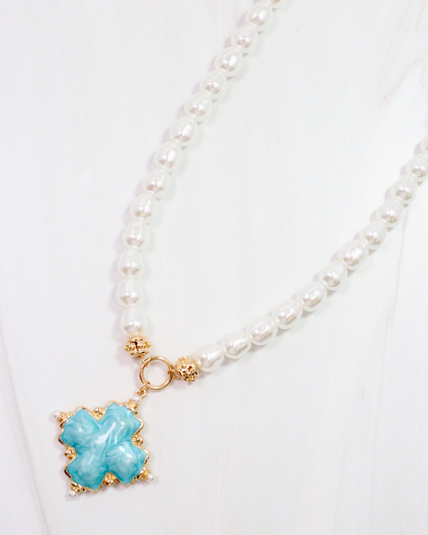 Edie Enamel Cross and Pearl Necklace Turquoise